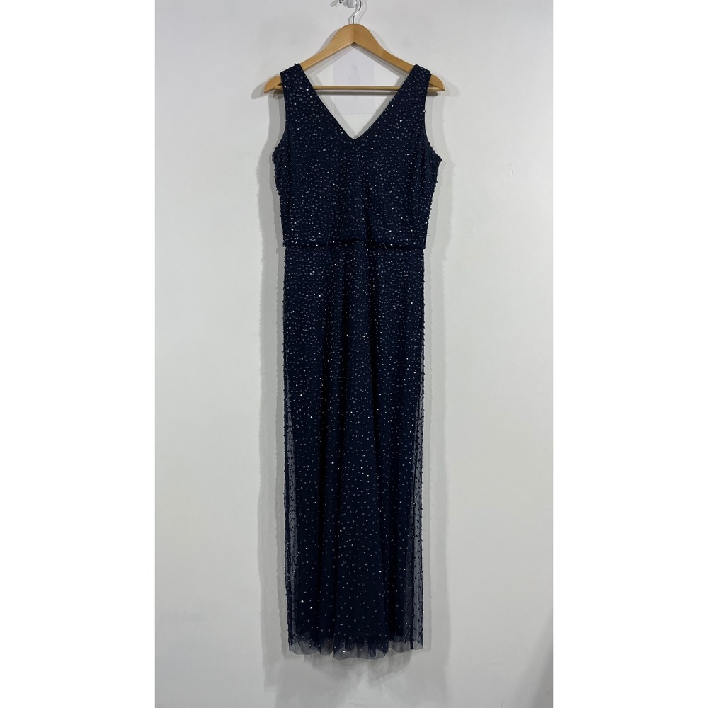 Pisarro Nights Beaded Sequin Maxi Dress V-Neck Formal Gown Womens 8 Event Glam